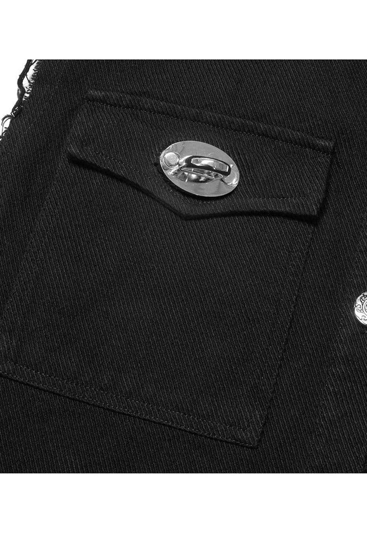 Black Punk Elastic Twill Fabric Featured Flap Pocket Metal Accessories Sleeveless Men's Vest - Product - 6