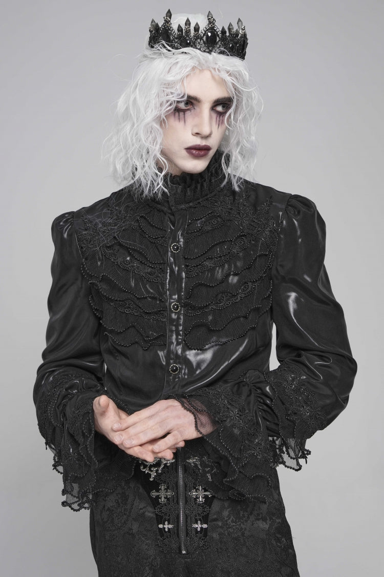 Black Stand Collar Long Puff Sleeves Embroidery Stitching Lace Men's Gothic Blouse - Product - 2