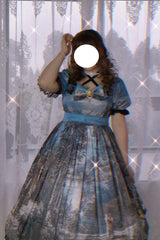Multi-Color Square Collar Lace Short Sleeves Oil Painting Print Plus Size High Waisted Classic Lolita OP Dress - Product - 2
