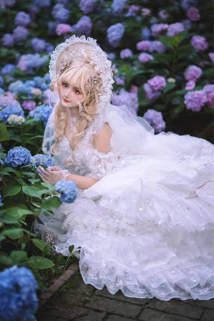 White [Dreamy Waltz] Sleeveless Multi-Layered Ruffled Hanayome Bow Lace Gothic Gorgeous Lolita Jsk Dress - Product - 9