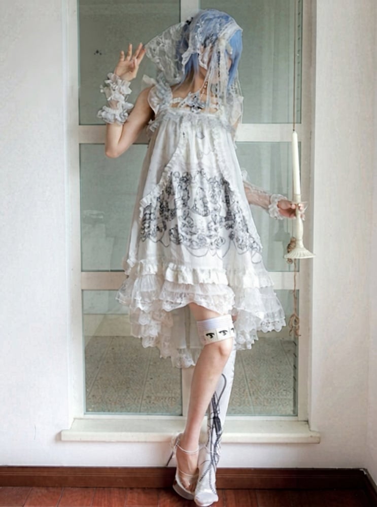 Gothic White Candle Print Waistless Lolita JSK Dress with Lace Details + Choker + Candle Embroidered Brooch Set - view 13