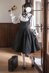 Black/White [Sunset Academy] Long Sleeves Ruffle Bowknot Fake Two Pieces Vintage College Style Elegant Lolita Dress - Product - 2