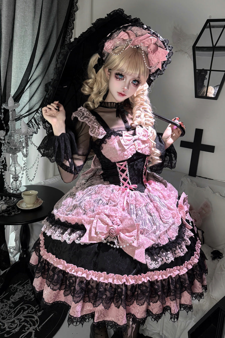 Black/Pink [Rose Princess] Sleeveless Ruffle Bowknot Lace Lace-Up Sweet Ballet Lolita Jsk Dress - Product - 8