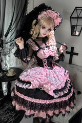 Black/Pink [Rose Princess] Sleeveless Ruffle Bowknot Lace Lace-Up Sweet Ballet Lolita Jsk Dress - Product - 8
