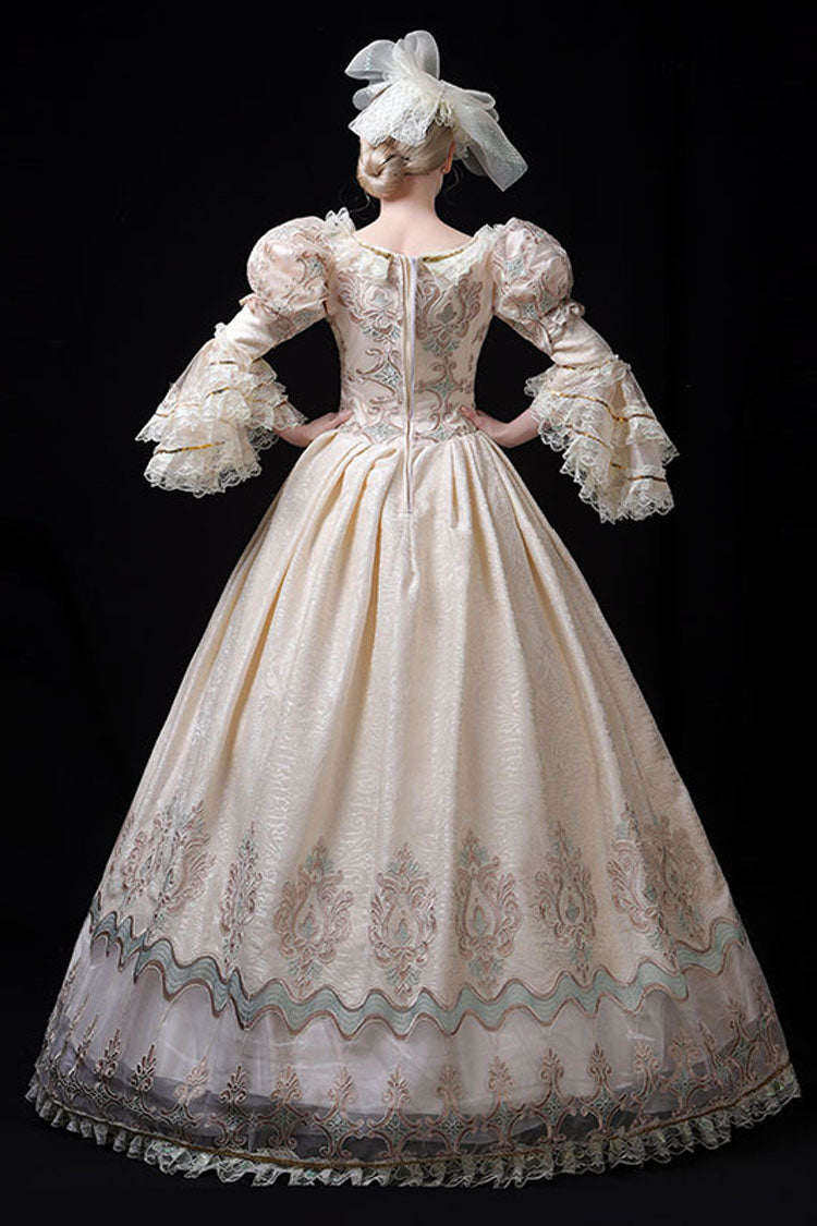 Champagne Trumpet Sleeves Lace Stitching High Waisted Hollow Embroidery Print Victorian Lolita Prom Dress - Product - 3