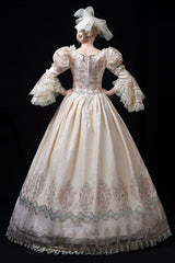 Champagne Trumpet Sleeves Lace Stitching High Waisted Hollow Embroidery Print Victorian Lolita Prom Dress - Product - 3