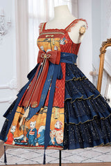 Blue Ukiyoe Cat & Waves Print Sleeveless Multi-Layer Sweet Lolita JSK Dress - Product - 3