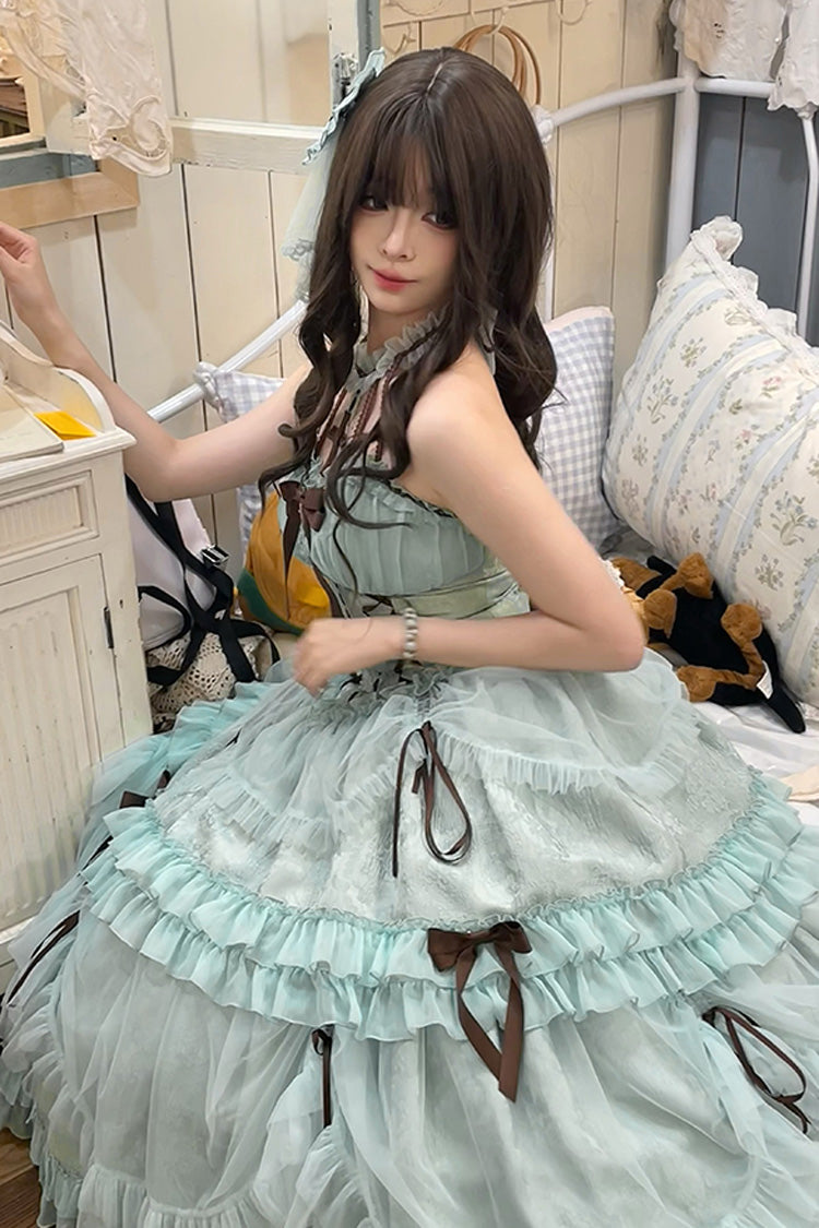 Mint Green Cross Halterneck Ruffle Bowknot Lace Lace-Up Princess Sweet Lolita Dress - Product - 4