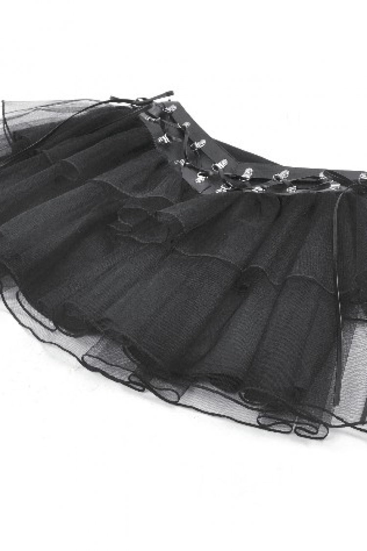 Black Multi-Layered Lace Mesh Women's Punk Short Skirt with D-Ring Ties Waist - Product - 12