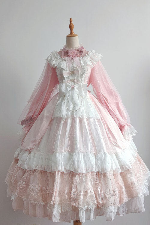 Pink Hanayome Long Sleeves Bowknot Multi-Layer Ruffled Sweet Lolita OP Tiered Dress - Product - 2