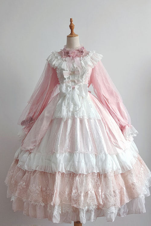 Pink Hanayome Long Sleeves Bowknot Multi-Layer Ruffled Sweet Lolita OP Tiered Dress - Product - 2