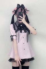Pink Short Sleeves Lace Jirai Kei Japanese Dress - Product - 2