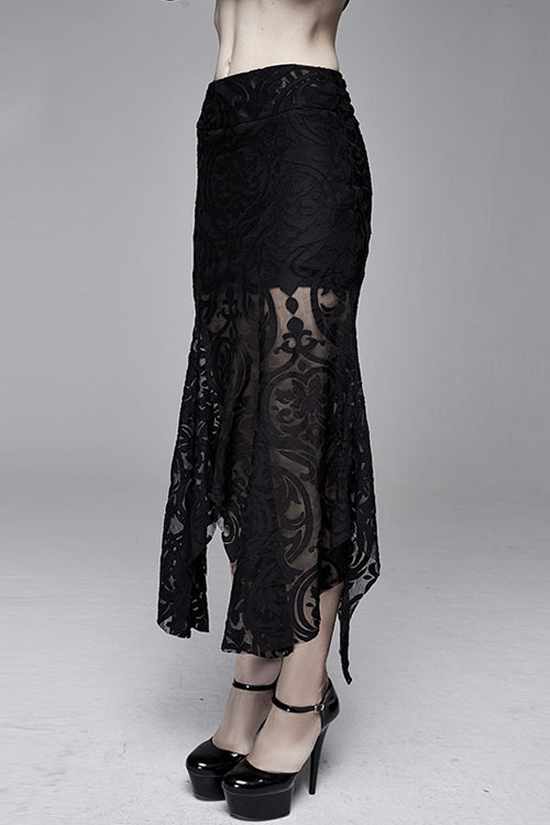 Black Irregular Hem Court Flocking Printed Mesh Sexy Package Hip Fishtail Gothic Skirt - Product - 2