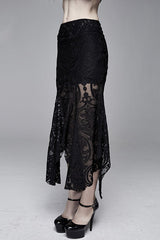 Black Irregular Hem Court Flocking Printed Mesh Sexy Package Hip Fishtail Gothic Skirt - Product - 2