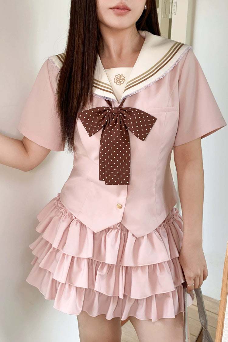 Pink Short Sleeves Triple-Layered Ruffled Bow Plus Size Japanese Preppy Style Sweet Sailor Collar Two-piece Set - Product - 3