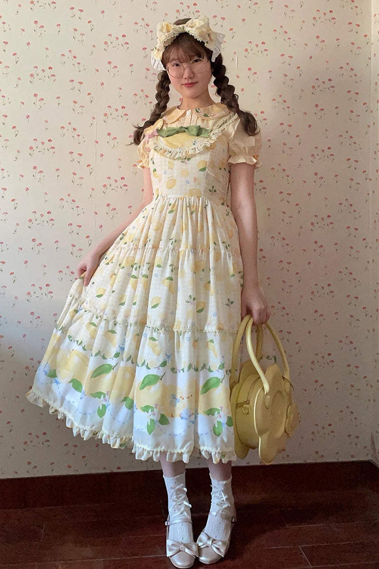 Yellow [Lemon Chicken] Print Ruffle Bowknot Lace Sweet Lolita Jsk Long Dress - Product - 10