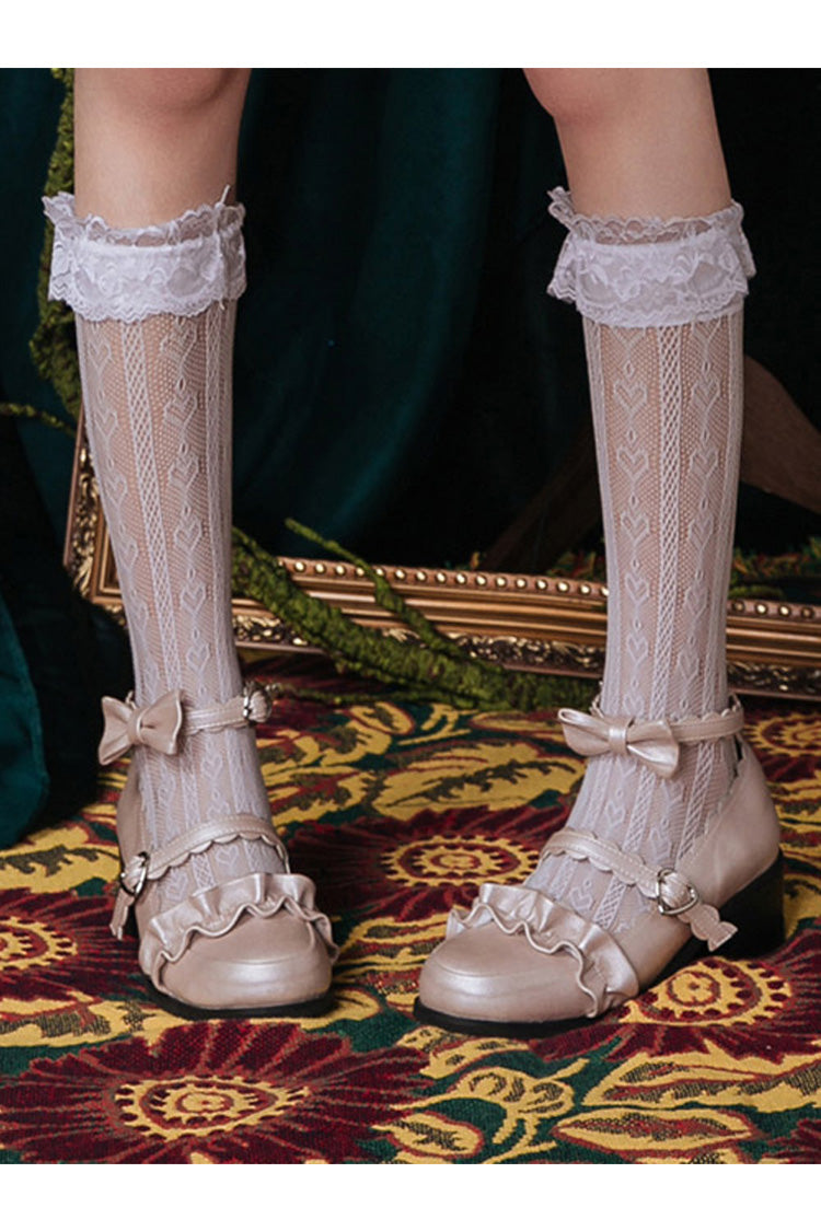 Love Heart Shape Lace Hollowed Out Middle Tube Lolita Socks - White - 1