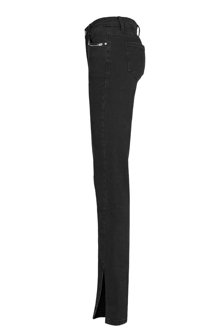 Black Denim Chain Decorated Tight Waist Slit Micro Punk Flared Women's Pants - Product - 6
