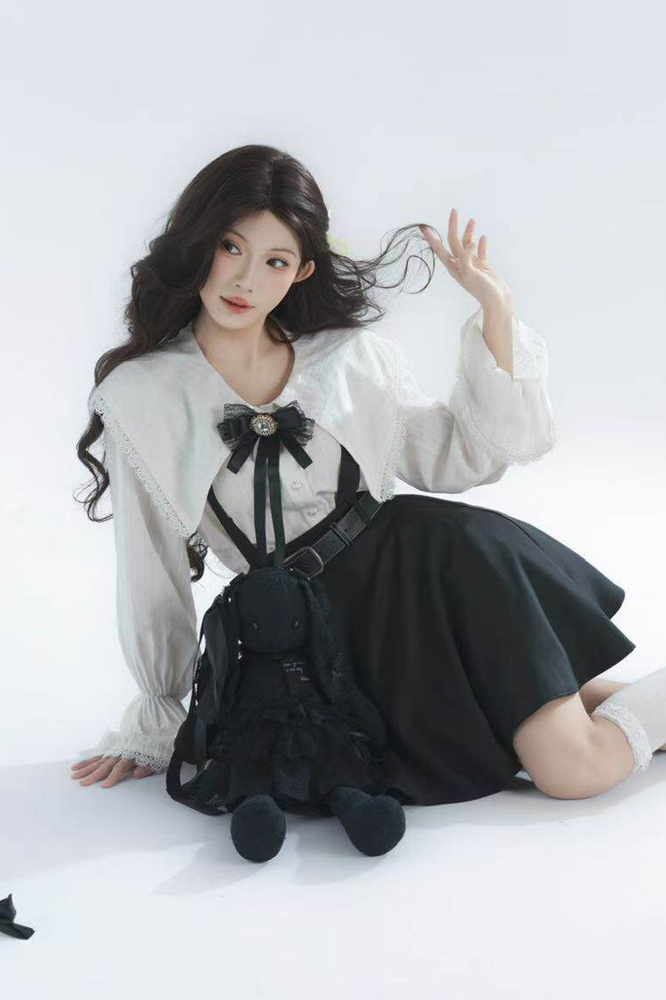 Black/White Lapel Collar Long Sleeves Ruffled Bow Classic Lolita Strap Dress Set - Product - 6