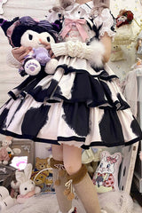Black Sleeveless Triple-Layered Cow Print Ruffle Bowknot Sweet Lolita Jsk Dress - Product - 11