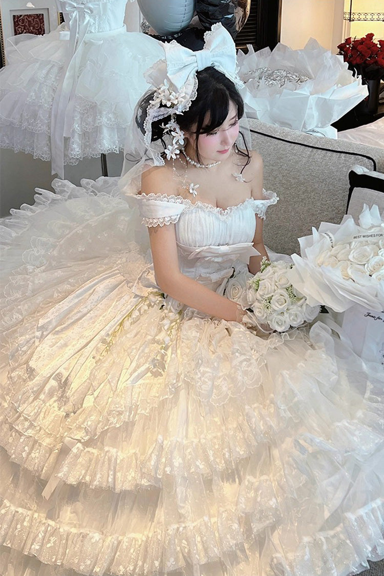 White [Maiden Lace] Off Shoulder Triple-Layered Ruffle Hanayome Bowknot Lace Sweet Lolita Jsk Dress - Product - 9