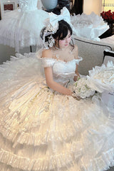 White [Maiden Lace] Off Shoulder Triple-Layered Ruffle Hanayome Bowknot Lace Sweet Lolita Jsk Dress - Product - 9
