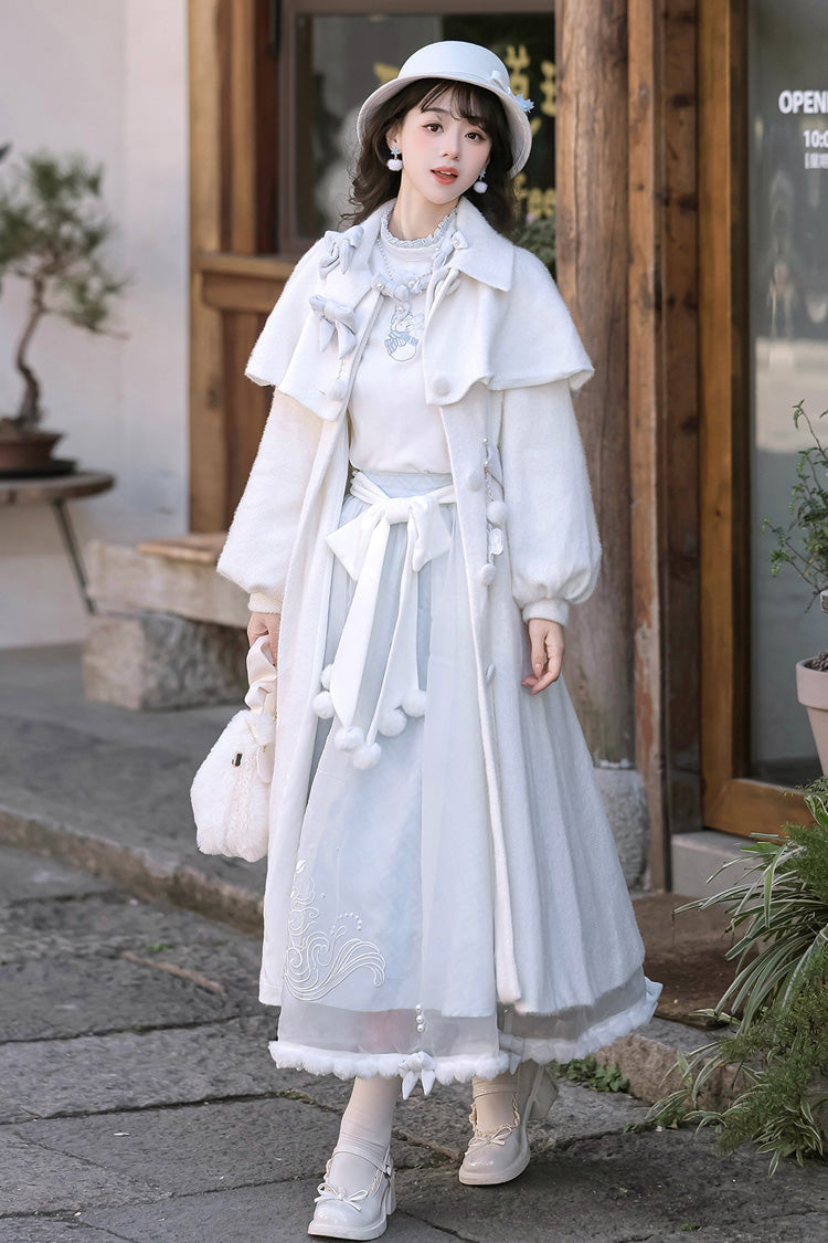 White/Blue [Sunny Sky Snow Doll] Long Sleeves Embroidered Bow Sweet Elegant Lolita Skirt Coat Set - Product - 9