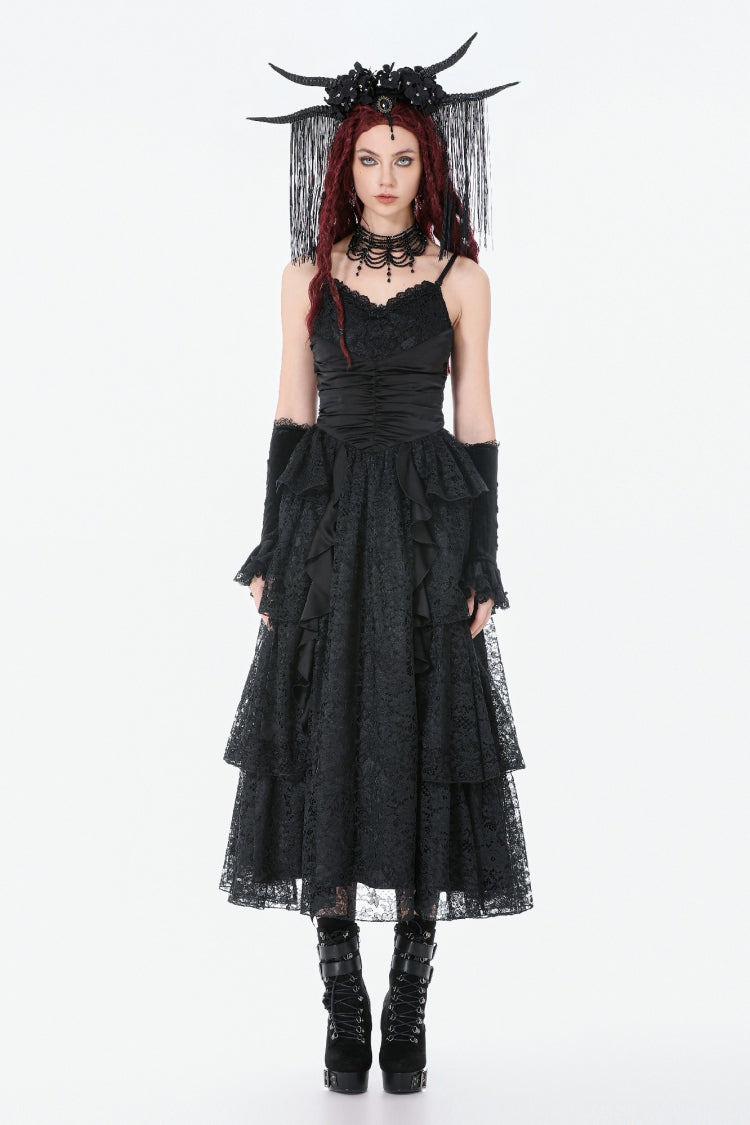 Black Sleeveless Multi-Layered Lace Ruched Women's Gothic Slip Maxi Dress Wedding Dress - Product - 7