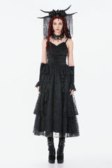 Black Sleeveless Multi-Layered Lace Ruched Women's Gothic Slip Maxi Dress Wedding Dress - Product - 7