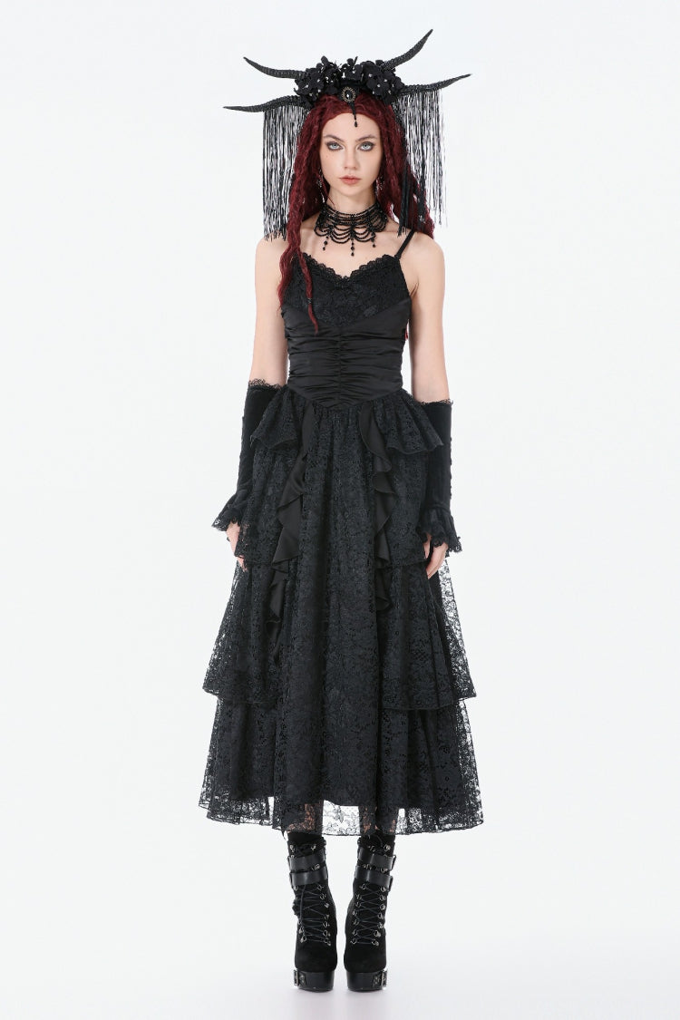 Black Sleeveless Multi-Layered Lace Ruched Women's Gothic Slip Maxi Dress Wedding Dress - Product - 7