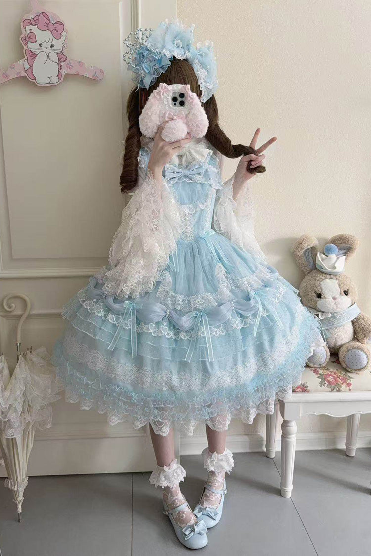 Blue [Sugar Heart Knot] Multi-Layered Ruffled Bow Lace Sweet Lolita Jsk Dress - Product - 5