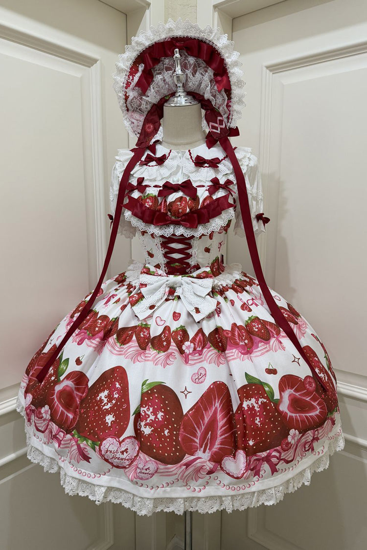 [Sweet Berry Tale] Strawberry Print Ruffle Bowknot Lace Sweet Lolita Jsk Dress 4 Colors - White/Red - 2