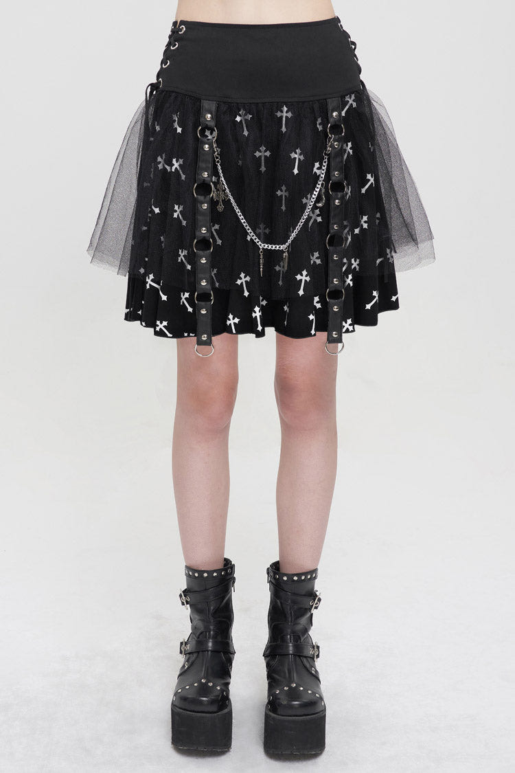 Black/White Knitted Fabric Cross Print Side Waist Straps Detachable Metal Chain Women's Punk Skirt - Black/White - 1