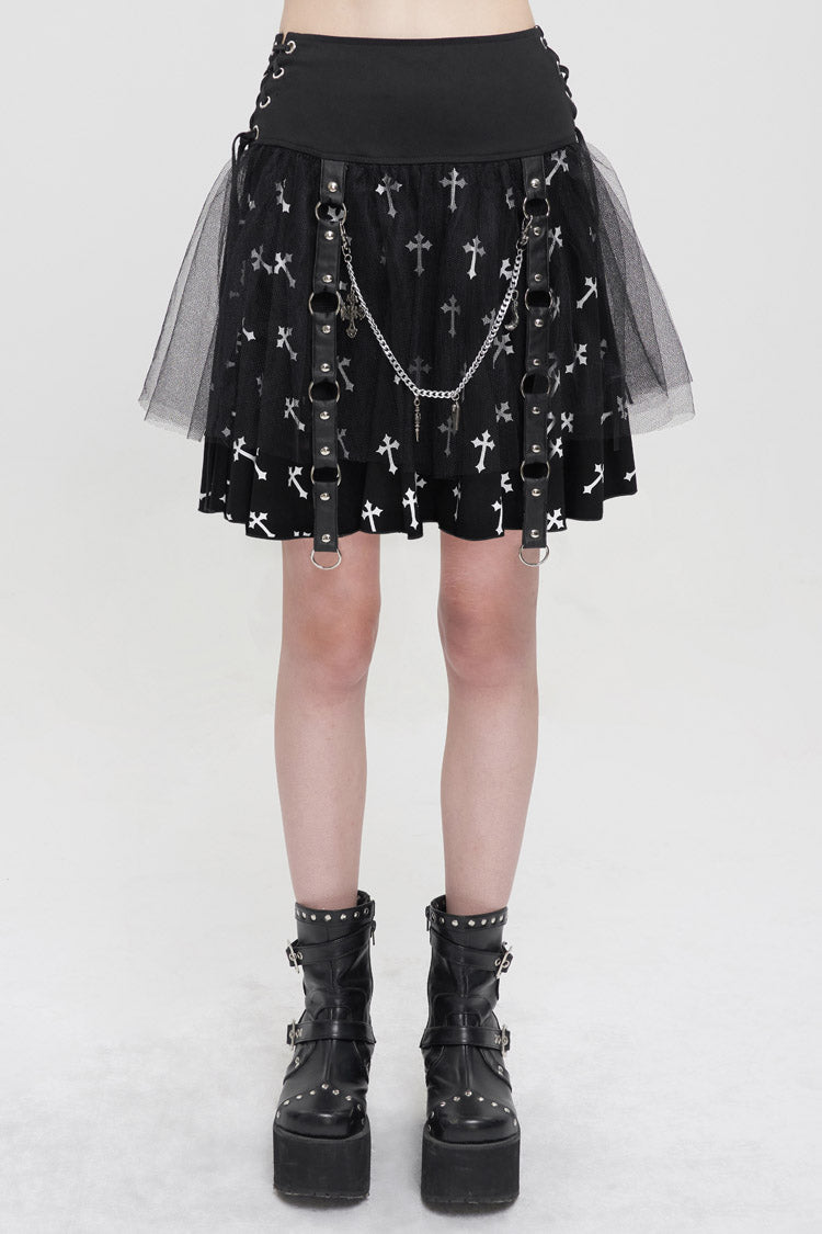 Black/White Knitted Fabric Cross Print Side Waist Straps Detachable Metal Chain Women's Punk Skirt - Black/White - 1