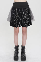 Black/White Knitted Fabric Cross Print Side Waist Straps Detachable Metal Chain Women's Punk Skirt - Black/White - 1