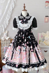 Black/Pink Cute Cat Print High Waisted Ruffle Bowknot Sweet Princess Lolita JSK Dress - Product - 3