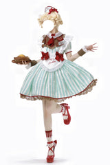 Green [Jenny's Chocolate] Short Sleeves Vertical Stripes Print Ruffle Bowknot Sweet Lolita Dress - Product - 5