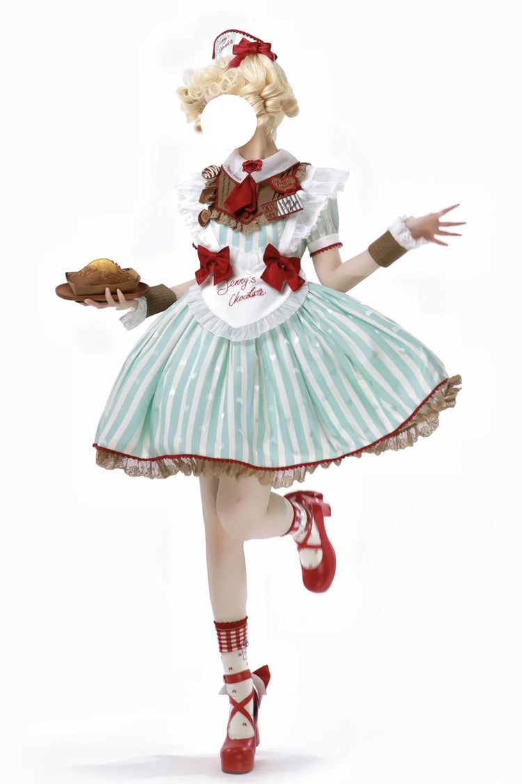 Green [Jenny's Chocolate] Short Sleeves Vertical Stripes Print Ruffle Bowknot Sweet Lolita Dress - Product - 5