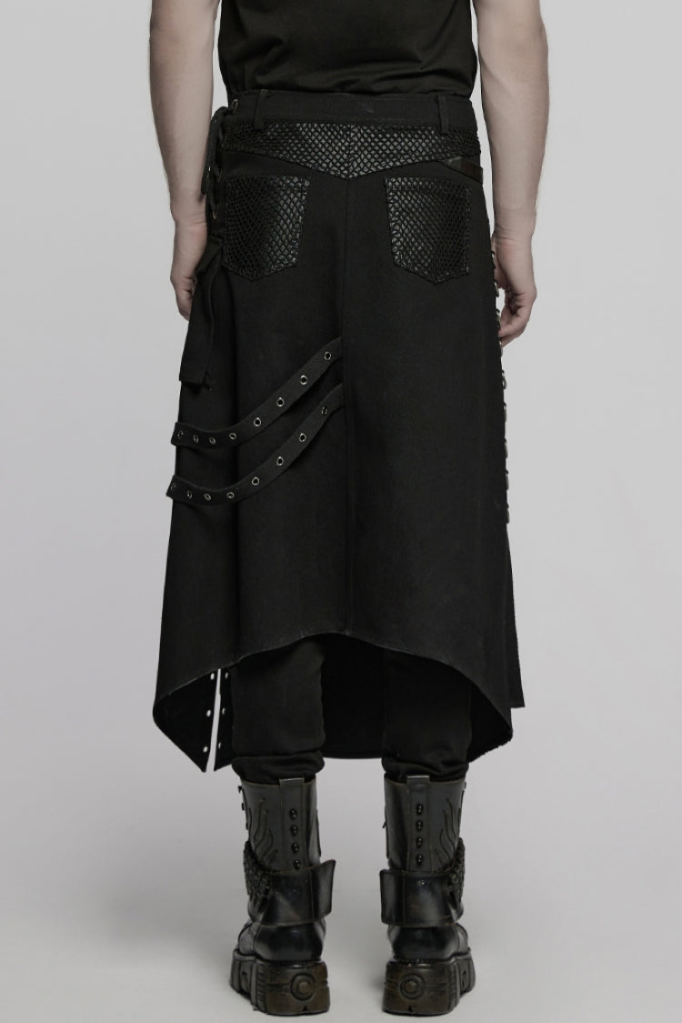 Black Faux Leather Stitching Lace-Up Irregular Mesh Men's Gothic Kilt - Product - 3