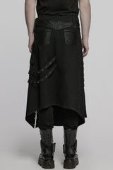 Black Faux Leather Stitching Lace-Up Irregular Mesh Men's Gothic Kilt - Product - 3