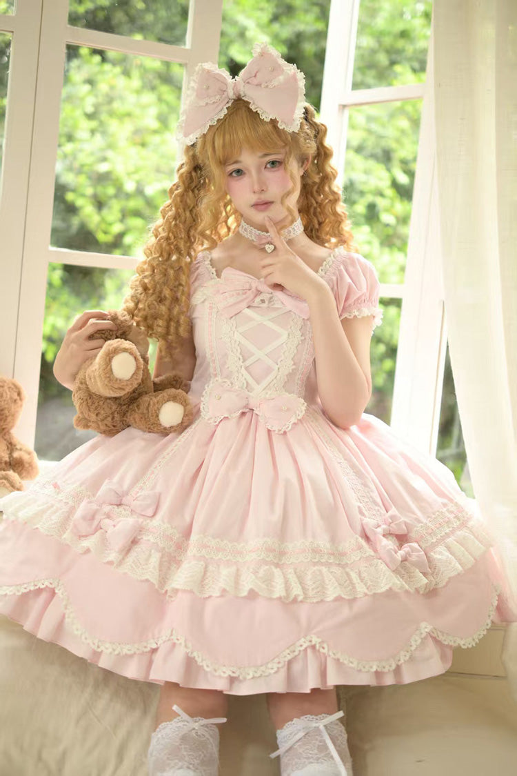 Pink [Petal Bunny] Cotton Square Collar Short Sleeves Double-Layered Ruffled Bow Lace Lace-Up Sweet Lolita Dress - Pink - 1