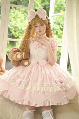 Pink [Petal Bunny] Cotton Square Collar Short Sleeves Double-Layered Ruffled Bow Lace Lace-Up Sweet Lolita Dress - Pink - 1