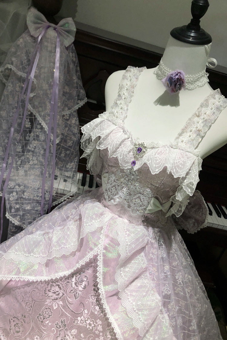 [The Glass Ball of Misty Isle] Multi-Layered Ruffled Hanayome Embroidered Sweet Plus Size Lolita Dress Set 5 Colors (White, Yellow, Purple, Green, Pink) - Product - 7