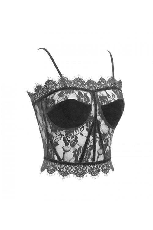 Black Adjustable Flocking Ribbons Decorated Lace Halter Gothic Corset - Product - 8