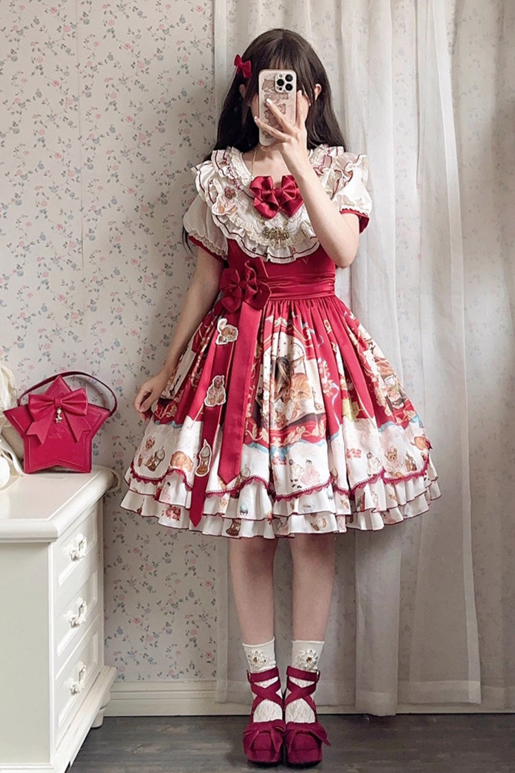 Red [The Tale of a Curious Cat] Round Collar Short Sleeves Double-Layered Printed Ruffled Bow Sweet Lolita Dress - Product - 4