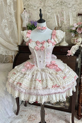 [Wind Chime Poem] Square Collar Flutter Sleeves Triple-Layered Printed Ruffled Bow Sweet Lolita Jsk Dress 4 Colors (Blue, Pink, Purple, Green) - Pink - 25