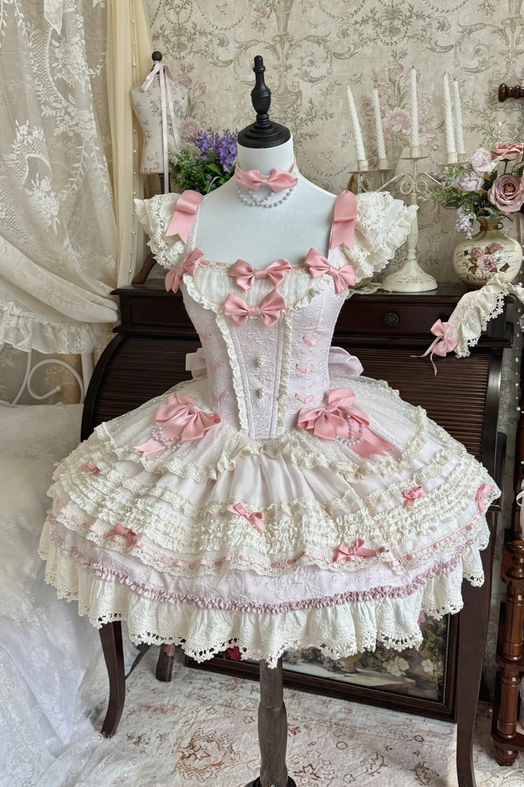 [Wind Chime Poem] Square Collar Flutter Sleeves Triple-Layered Printed Ruffled Bow Sweet Lolita Jsk Dress 4 Colors (Blue, Pink, Purple, Green) - Pink - 25