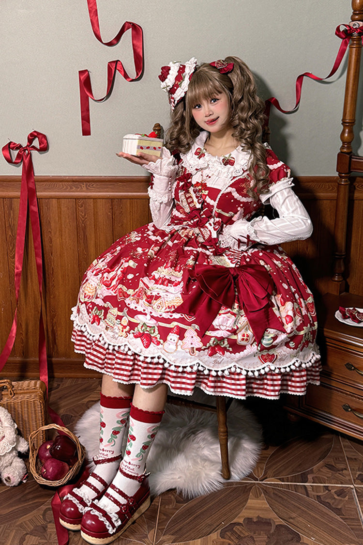 Mint Strawberry Dessert Doll Collar Short Sleeves Print Ruffle Bowknot Sweet Lolita Dress 4 Colors - Product - 5