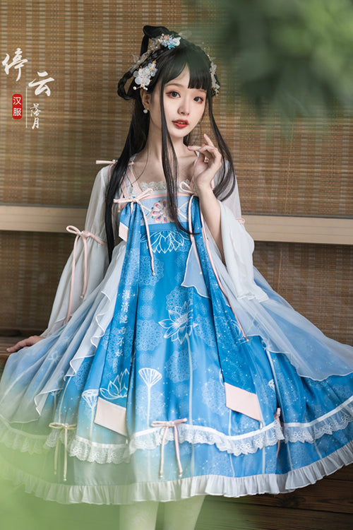 Original Chinese Han Elements Improved Lotus Print Sweet Hanfu Dress Full Set - Product - 6