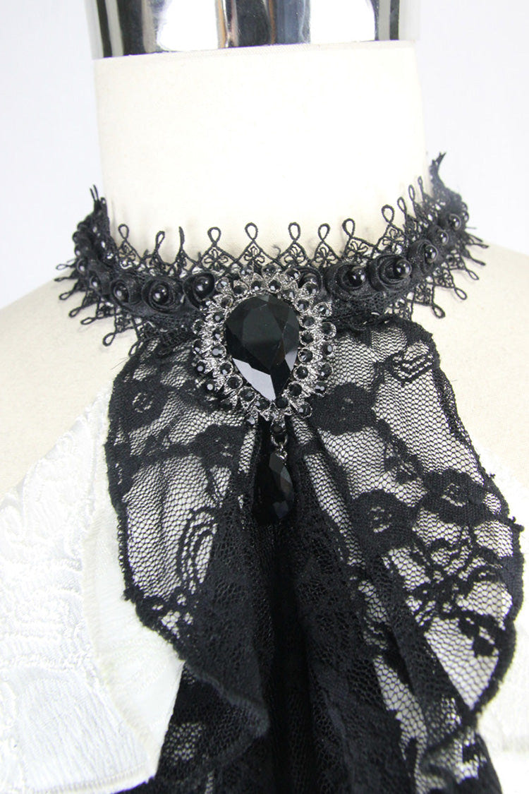 White Lace Jacquard Jewel Pins Men's Gothic Tie - Black - 3